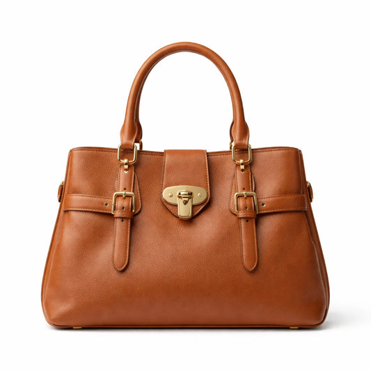 Bagro Brown Structured Top Handle Handbag with Front Clasp