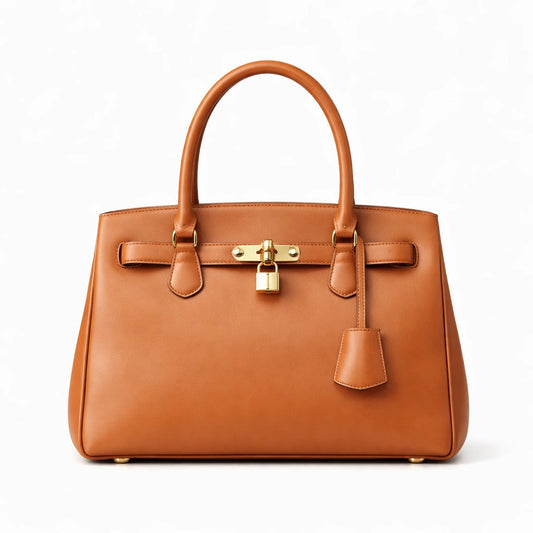 Bagro Tan Brown Structured Padlock Handbag with Top Handles