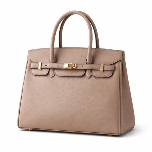 Bagro Taupe Structured Top Handle Handbag with Belted Closure