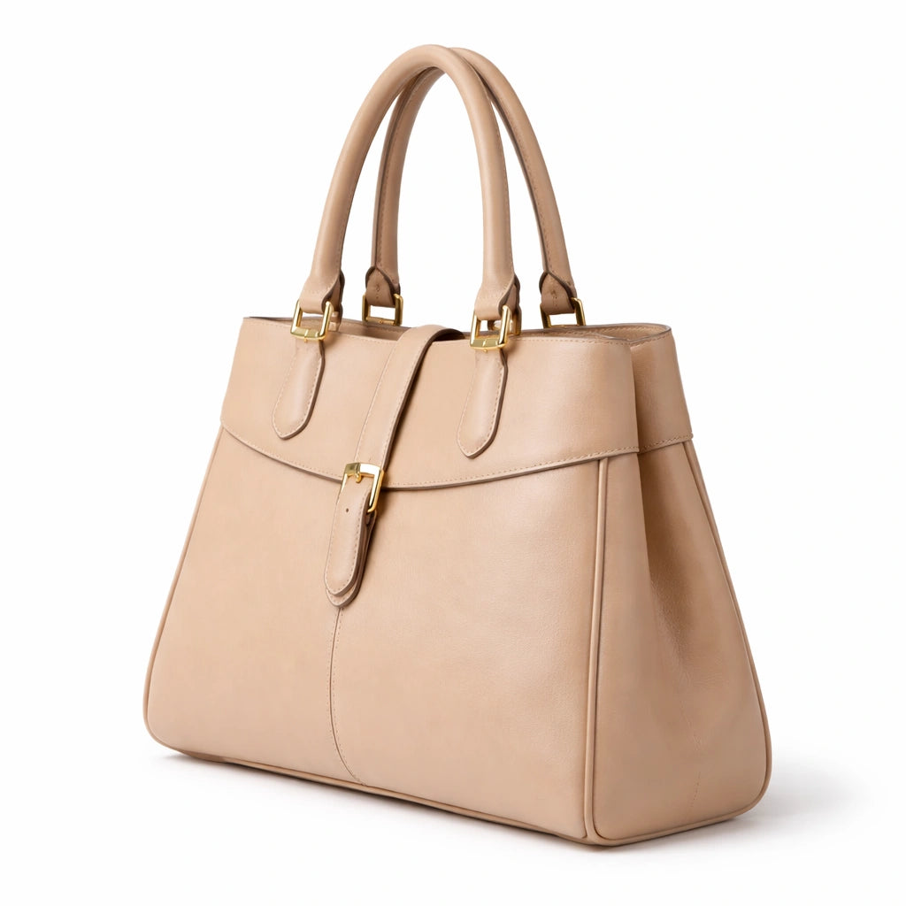 Bagro Beige Top Handle Structured Handbag with Gold-Tone Hardware