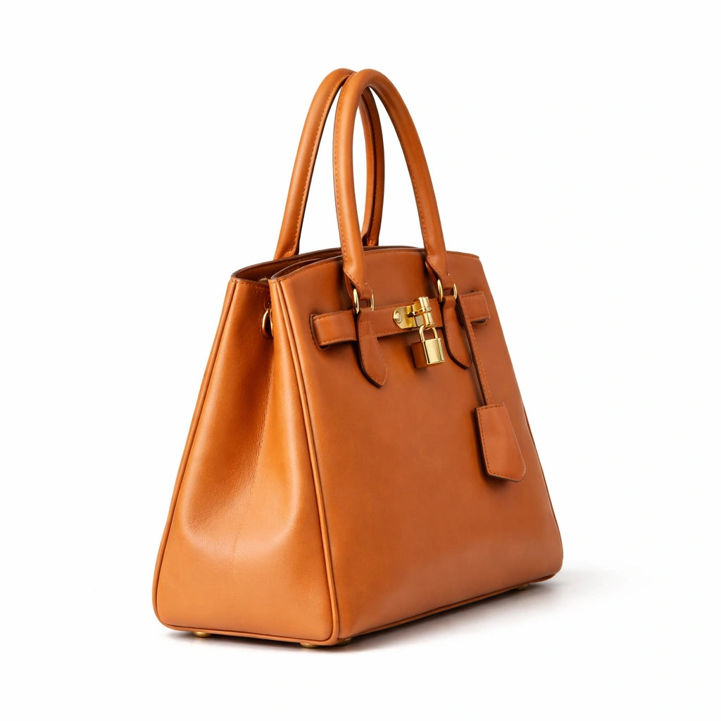 Bagro Tan Brown Structured Padlock Handbag with Top Handles