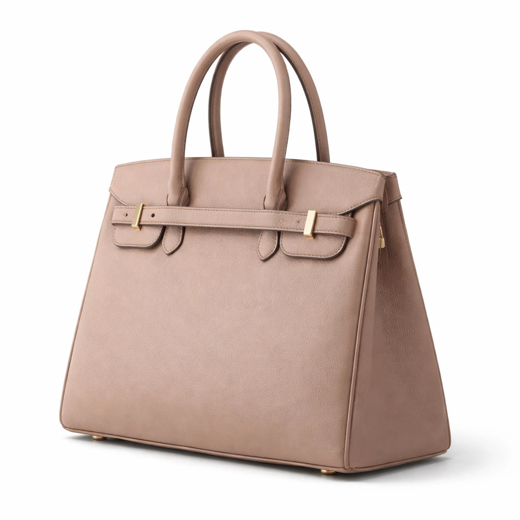 Bagro Taupe Structured Top Handle Handbag with Belted Closure