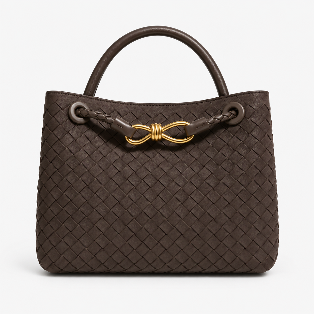 Small Brown Woven Tote Handbag with Top Handles 9.1 in