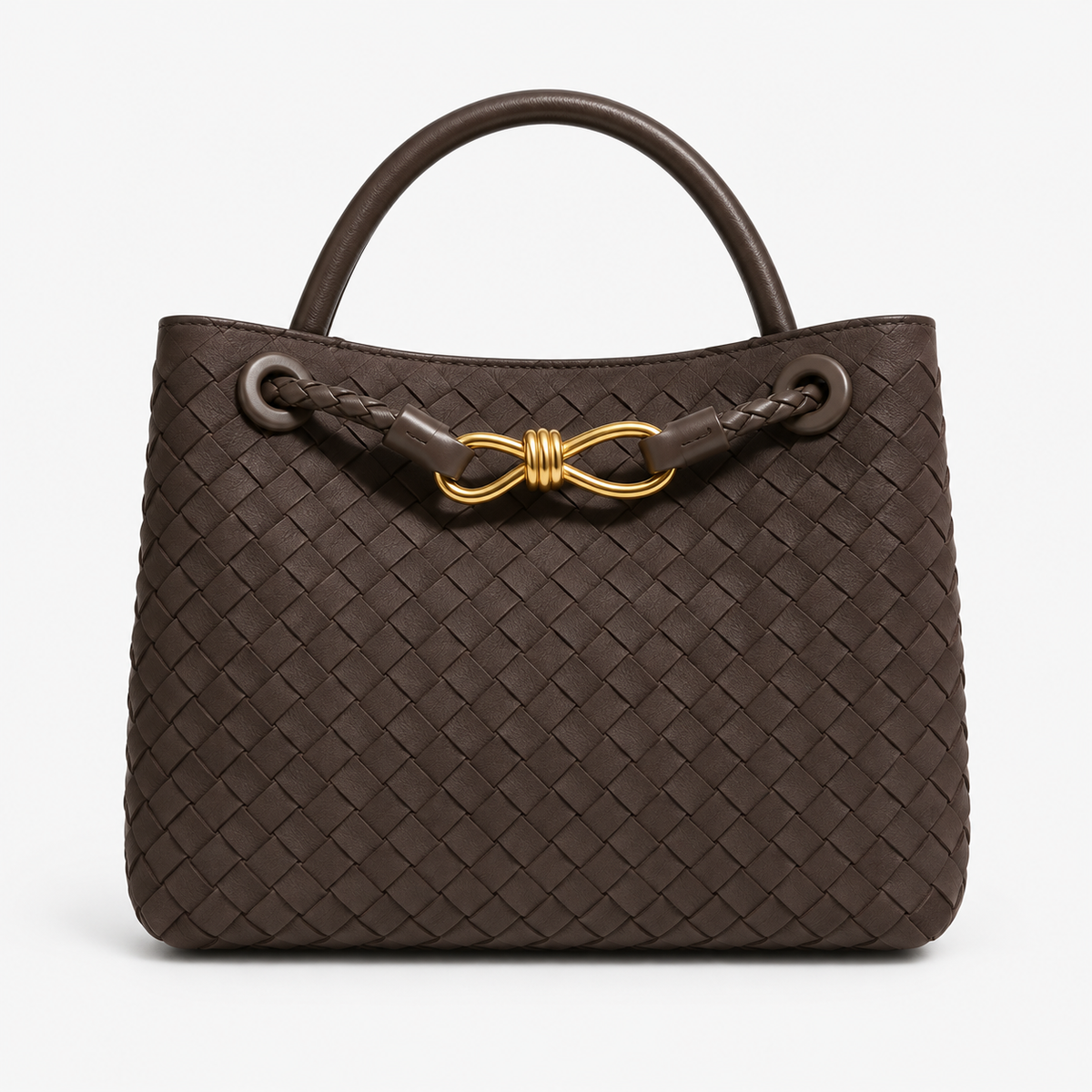 Small Brown Woven Tote Handbag with Top Handles 9.1 in