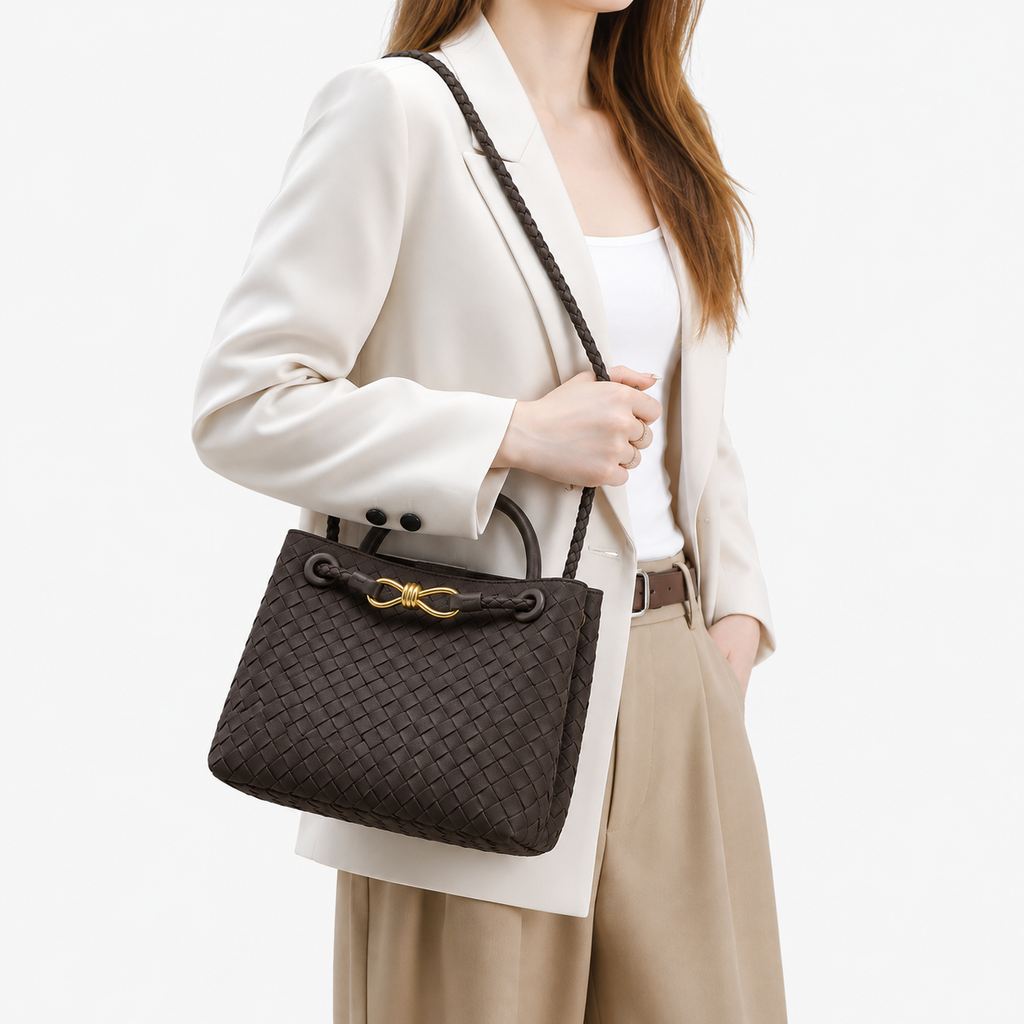 Small Brown Woven Tote Handbag with Top Handles 9.1 in
