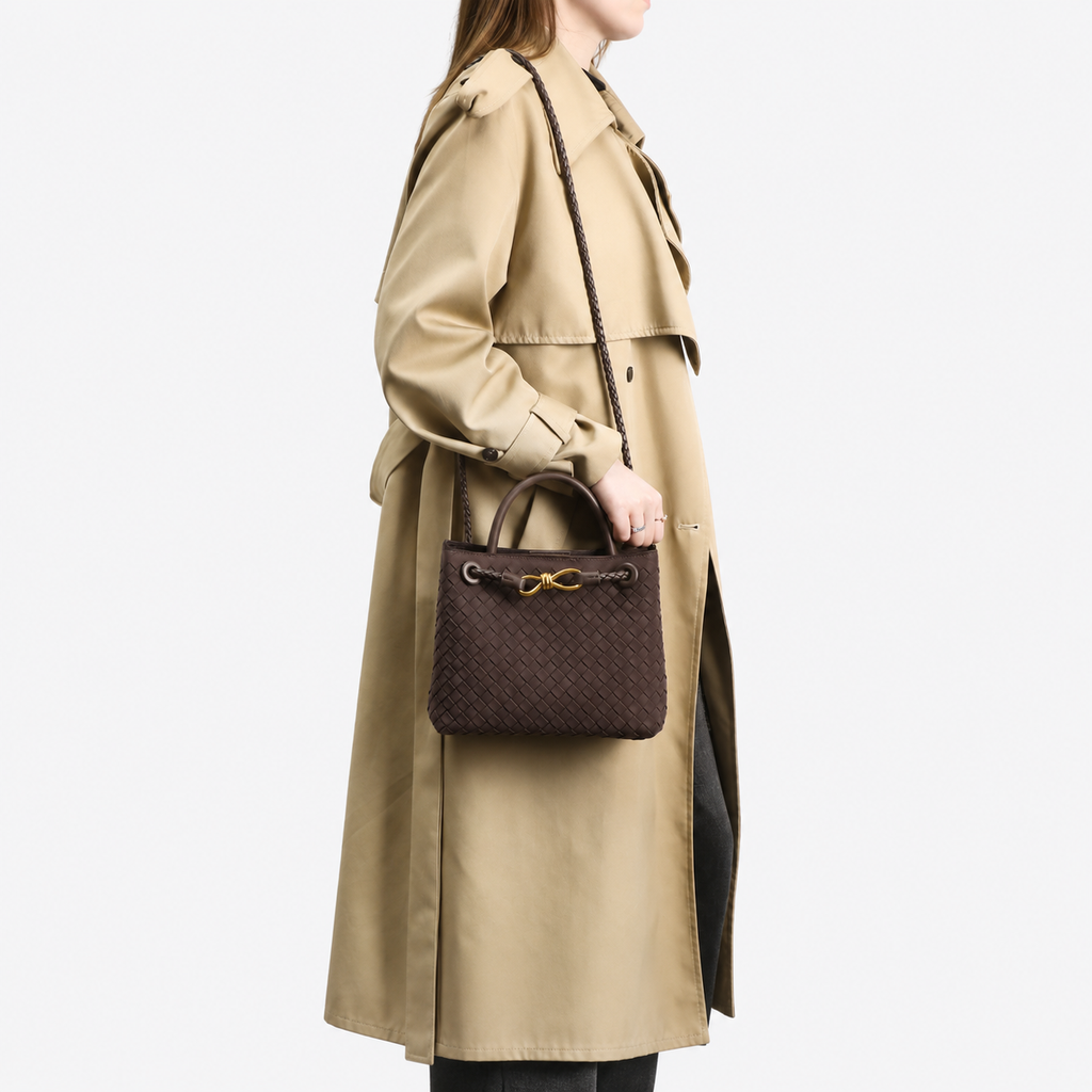 Small Brown Woven Tote Handbag with Top Handles 9.1 in