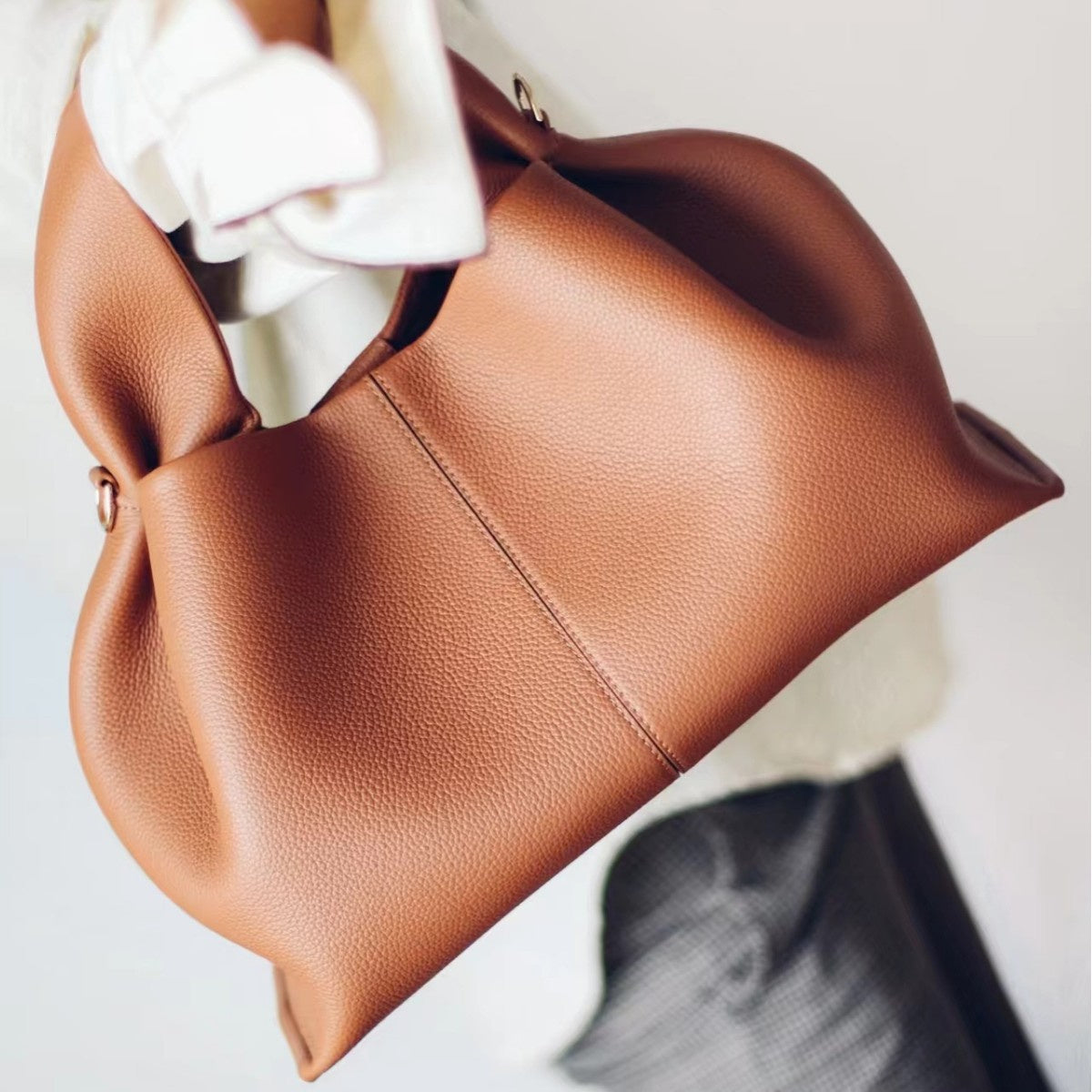 Medium Brown Leather Cloud Handbag with Top Handle