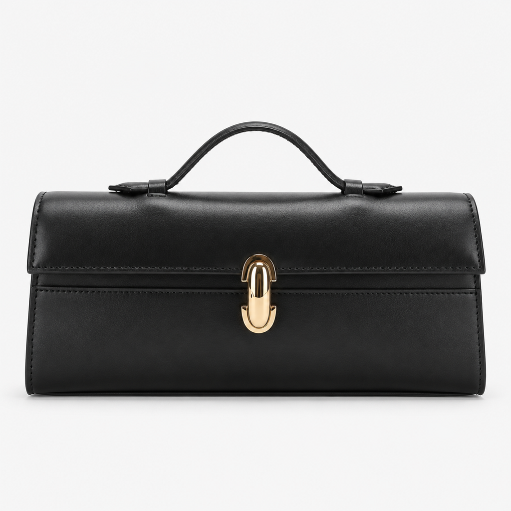 Black PU Rectangular Handbag with Clasp 10.6 in