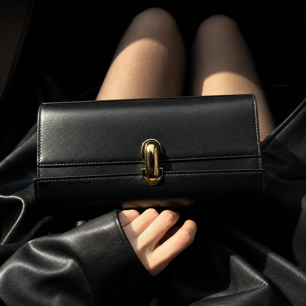 Black PU Rectangular Handbag with Clasp 10.6 in