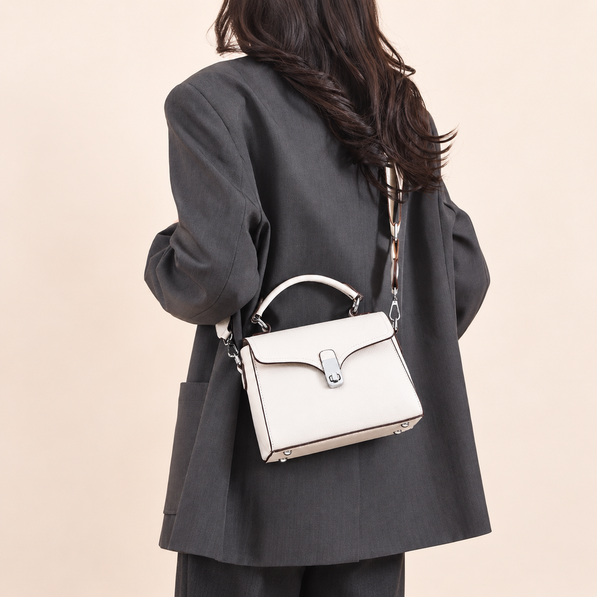 Small Ivory Cowhide Box Handbag with Shoulder Strap