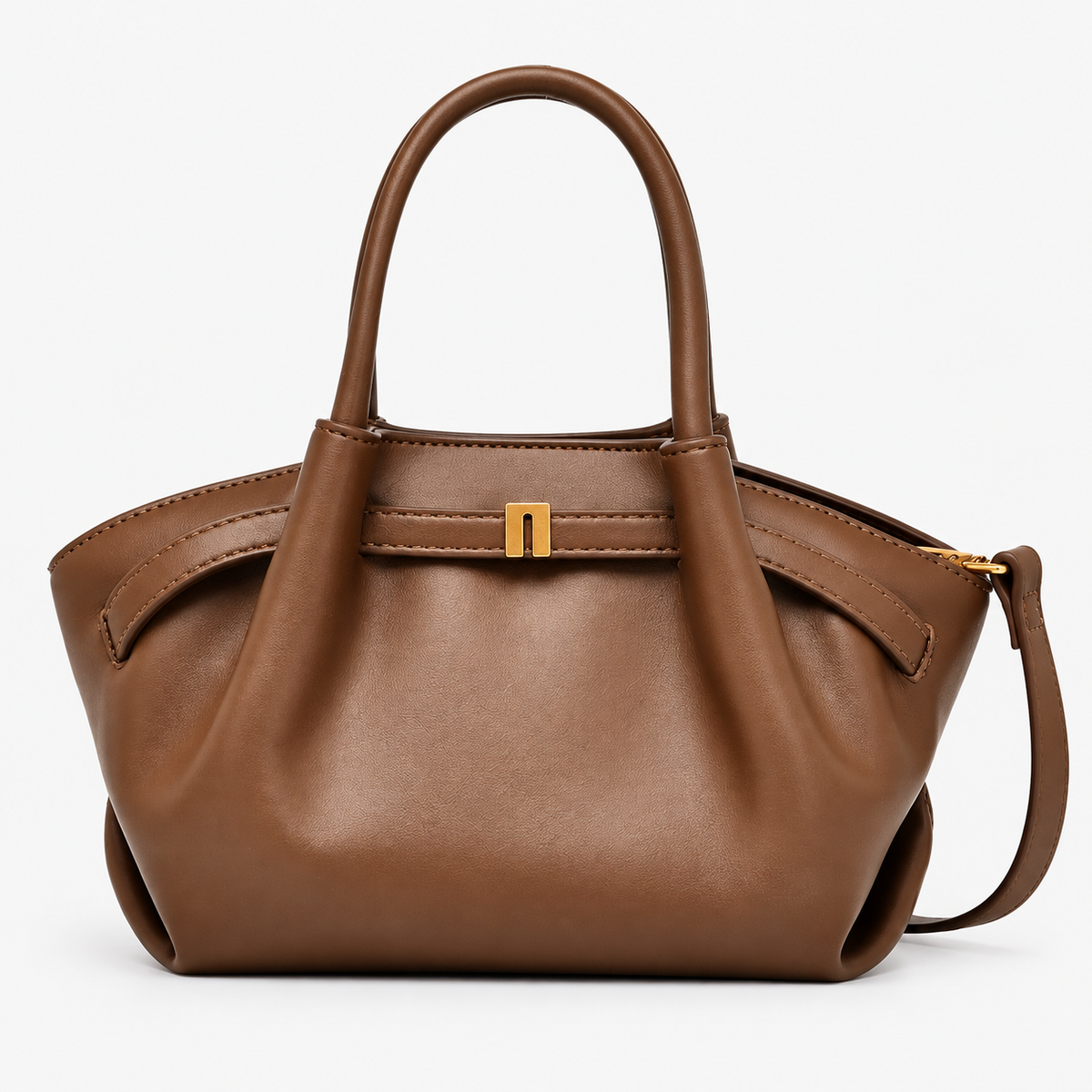 Medium Brown PU Top Handle Handbag with Adjustable Strap