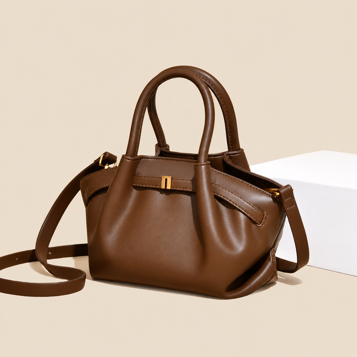 Medium Brown PU Top Handle Handbag with Adjustable Strap