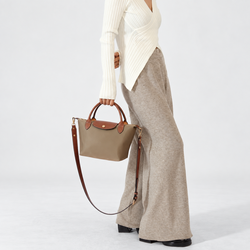 Medium Taupe Leather Top Handle Tote Bag 11.8 × 5.5 in