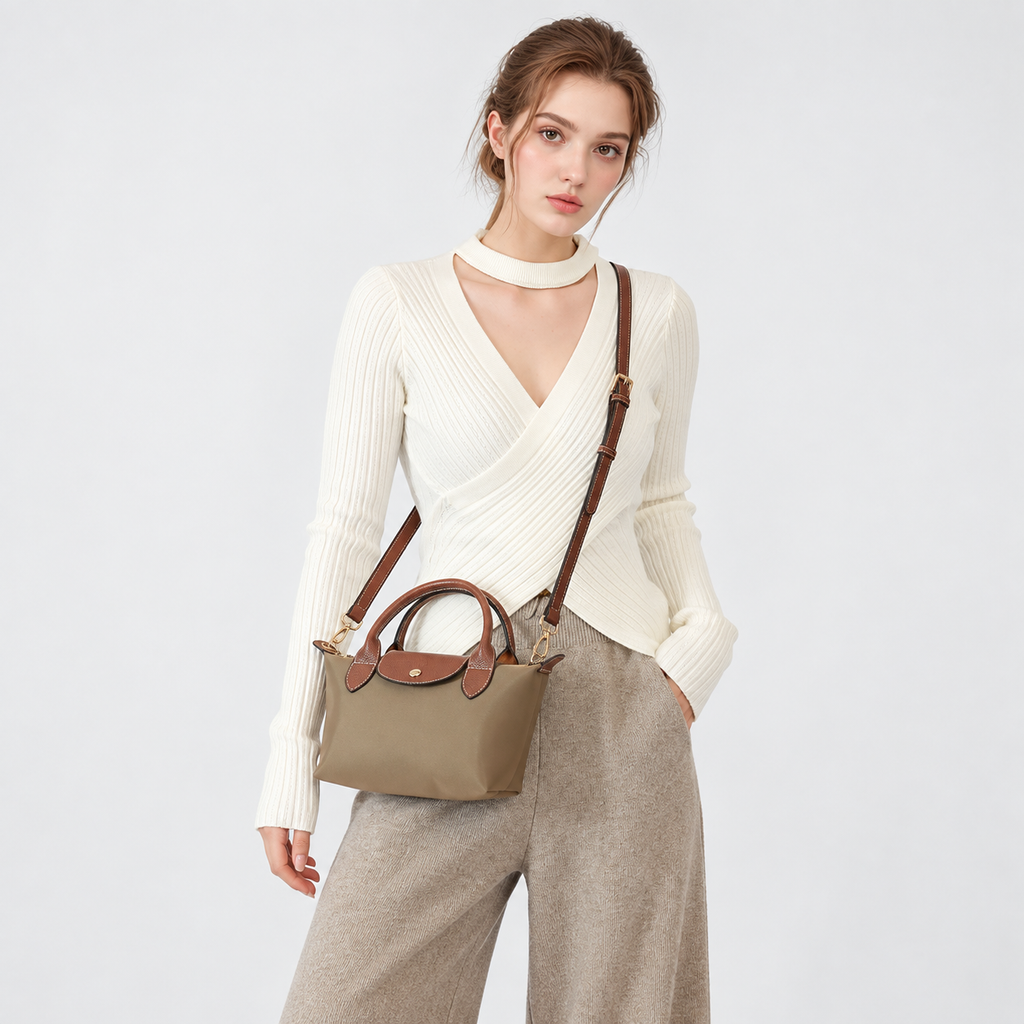 Medium Taupe Leather Top Handle Tote Bag 11.8 × 5.5 in