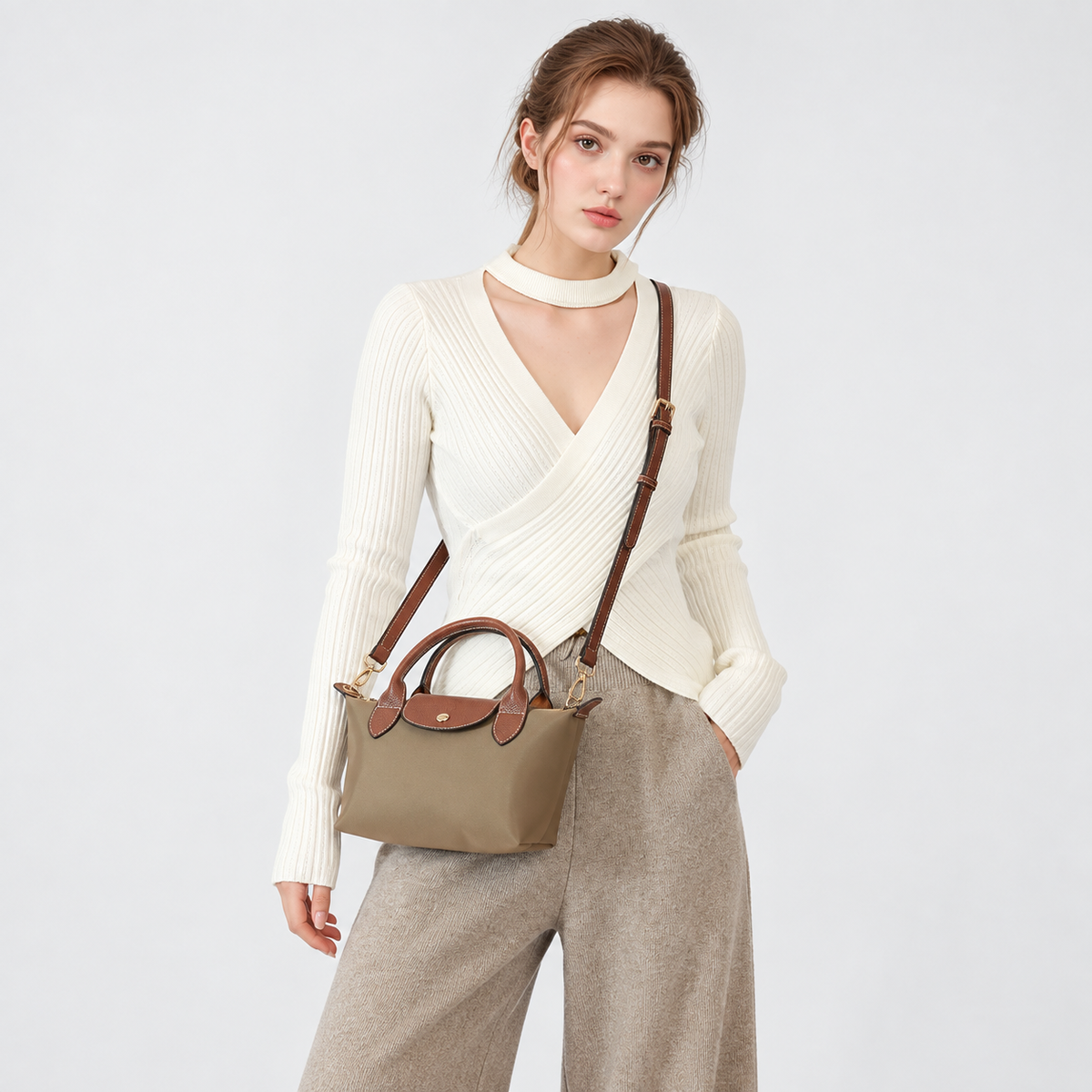 Medium Taupe Leather Top Handle Tote Bag 11.8 × 5.5 in