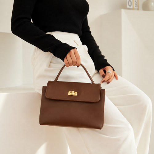 Brown Split Cowhide Top Handle Bag with Shoulder Strap