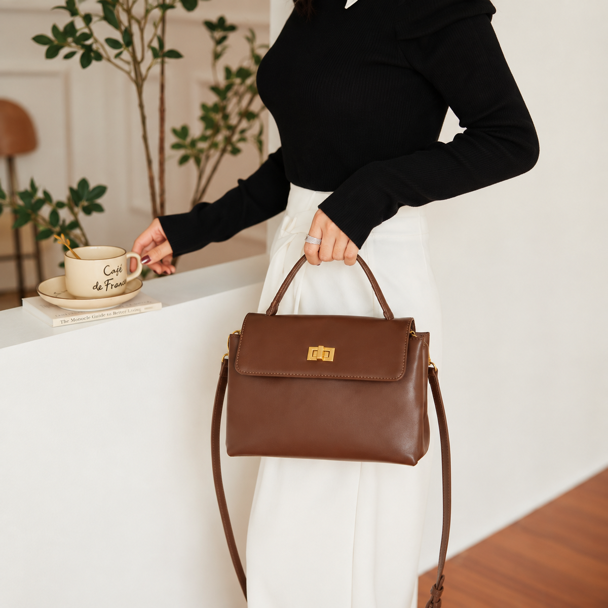 Brown Split Cowhide Top Handle Bag with Shoulder Strap