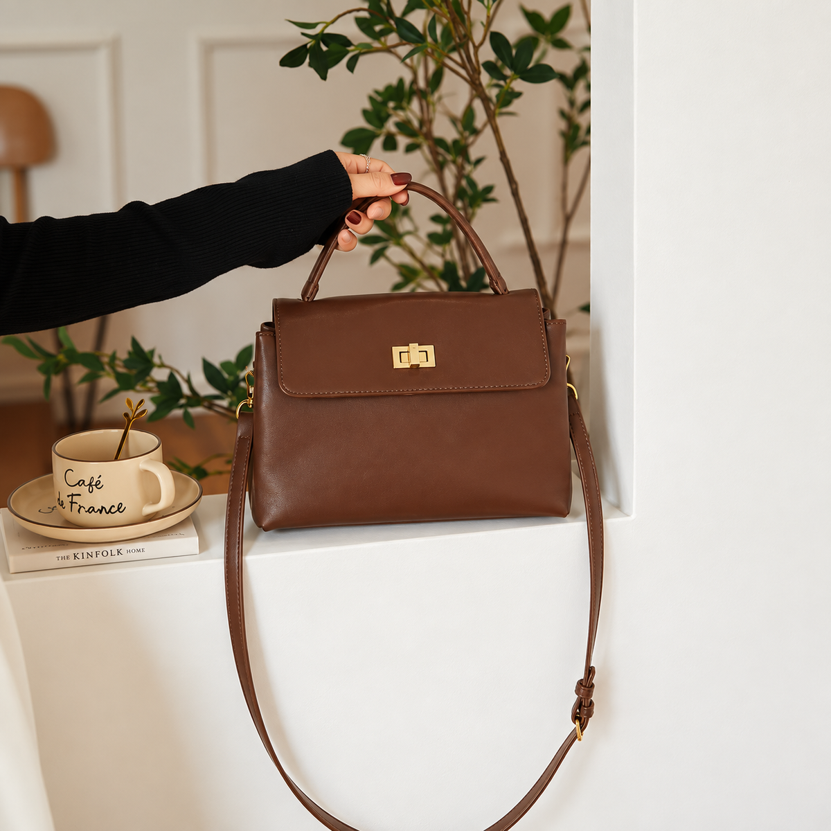 Brown Split Cowhide Top Handle Bag with Shoulder Strap