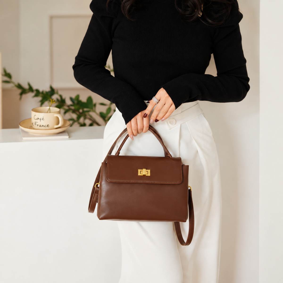 Brown Split Cowhide Top Handle Bag with Shoulder Strap