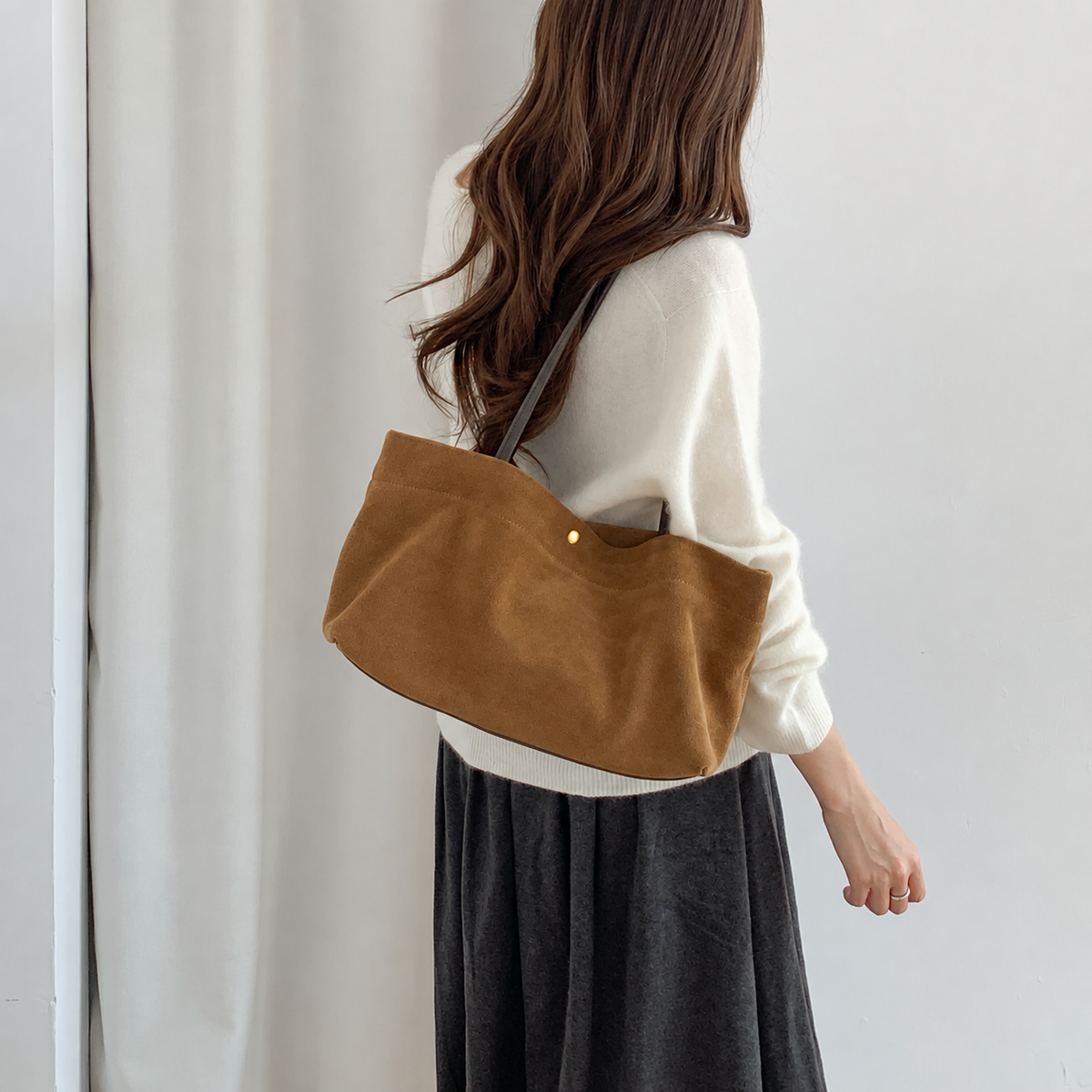 Medium Brown Soft Shoulder Tote Bag with Long Handles