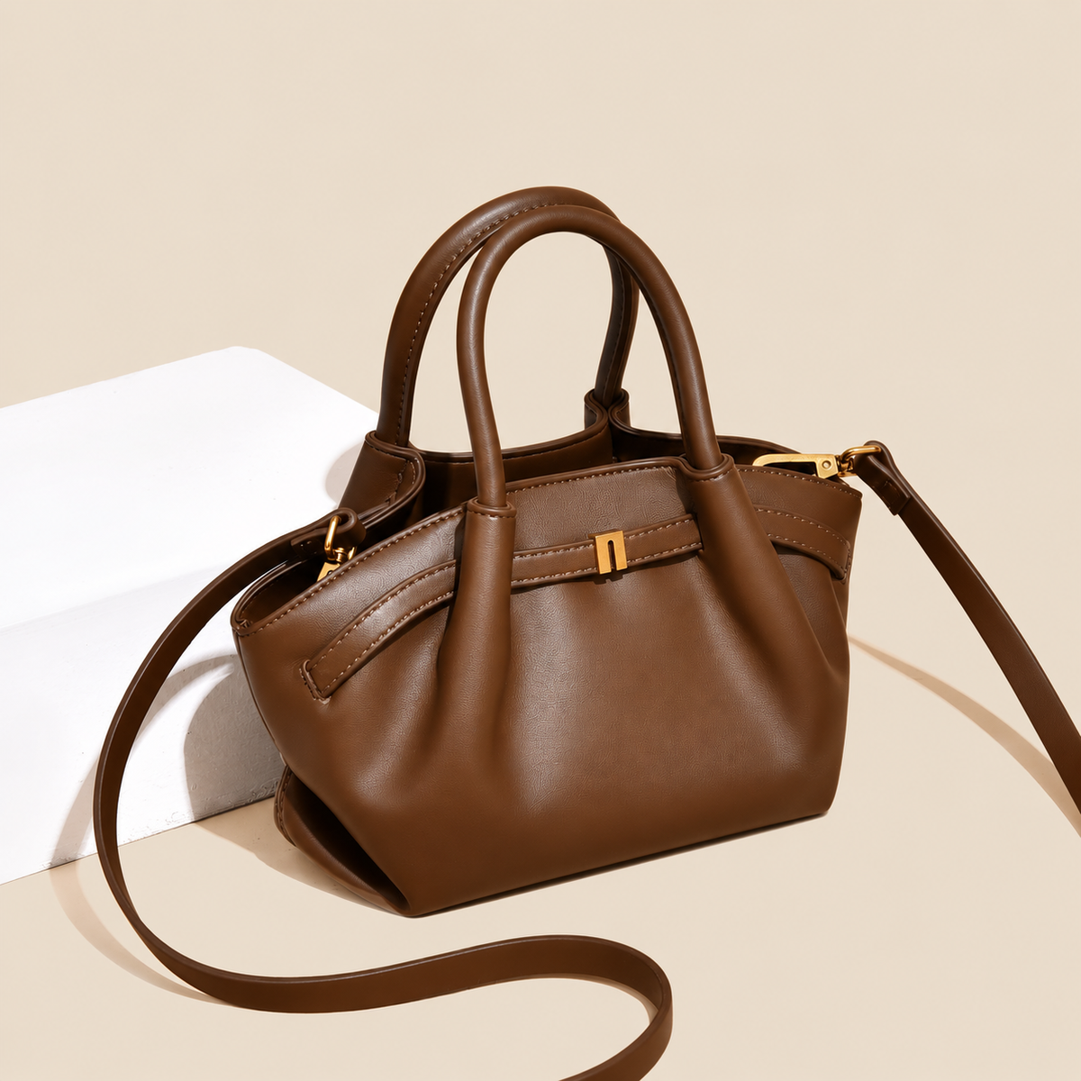 Medium Brown PU Top Handle Handbag with Adjustable Strap